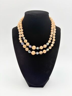 Vintage Double Strand Champagne Glass Bead Necklace AB Crystal Accents